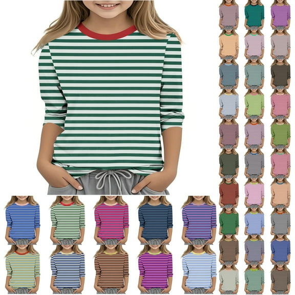 JTSRKL Cute Kids Girls Striped T-Shirts Casual 3/4 Lenght Sleeve Crewneck Basic Tunic Blouse Children's Oversized Comfy Soft Cotton Tees Shirt Blue#01 3-4 Years