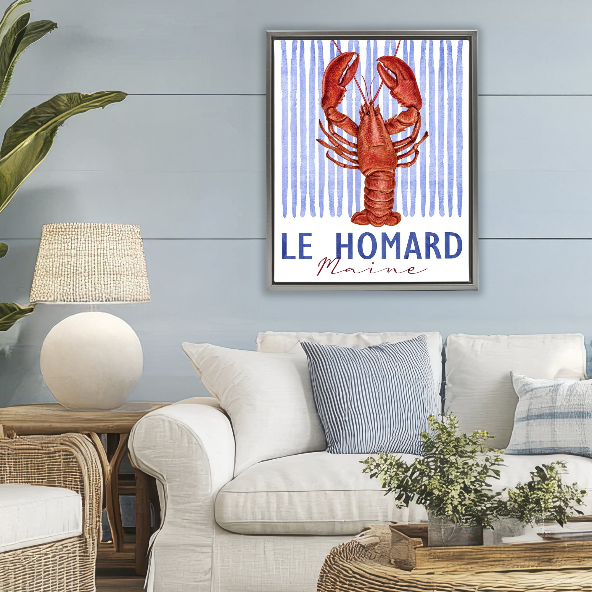 Stupell Industries Le Homard Nautical Stripes Gray Framed Floater Canvas Wall Art, design by Kim Allen