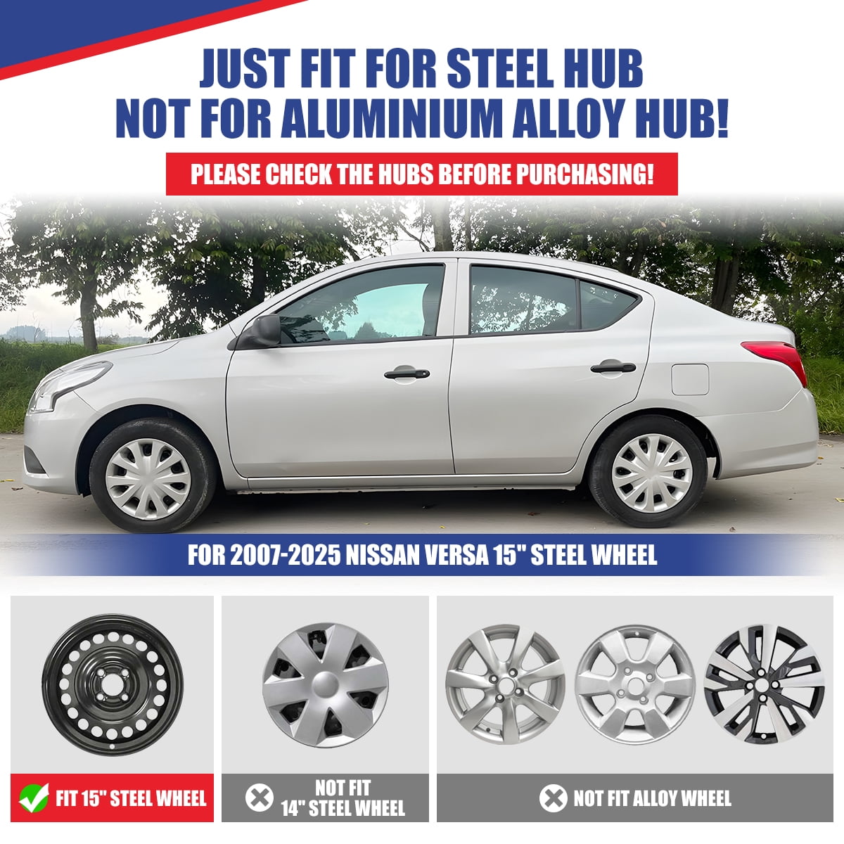 (Set of 4) 15 inch Steel Wheel Hubcaps for Nissan Versa 2007-2025,Versa Sedan 2007-2019,Versa Hatchback 2007-2012,Versa Note 2014-2019,Snap-on Installation,Chrome