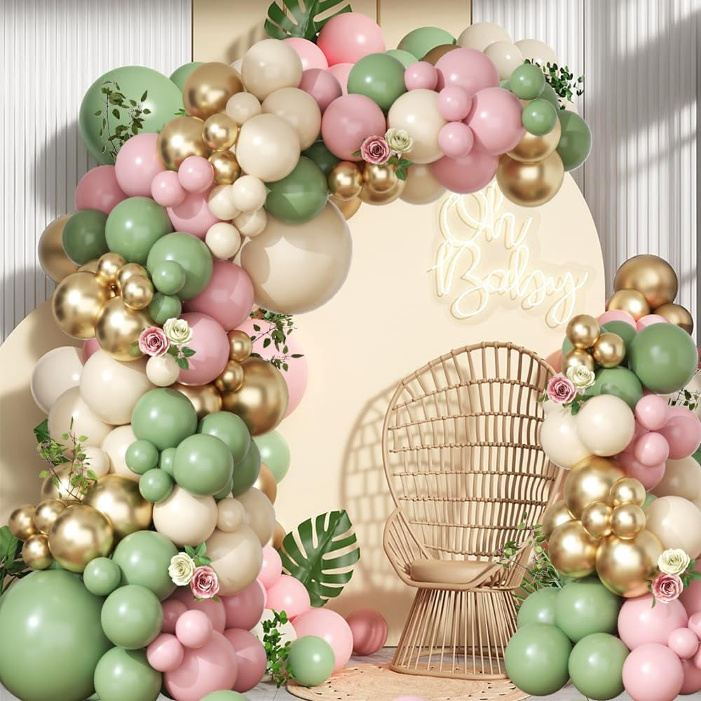 Sage Green Pink Balloon Garland Arch Kit 143pcs White Sand Chrome Gold and Pastel Balloons Garland for Girls Baby in Bloom Baby Shower Mothers Day Jungle Safari  Birthday Party Decorations