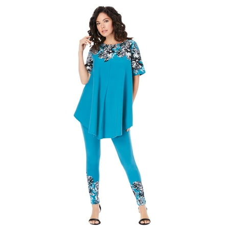 Roaman's Women's Plus Size Placement-Print Set - 12, Teal Rose Border Multicolored