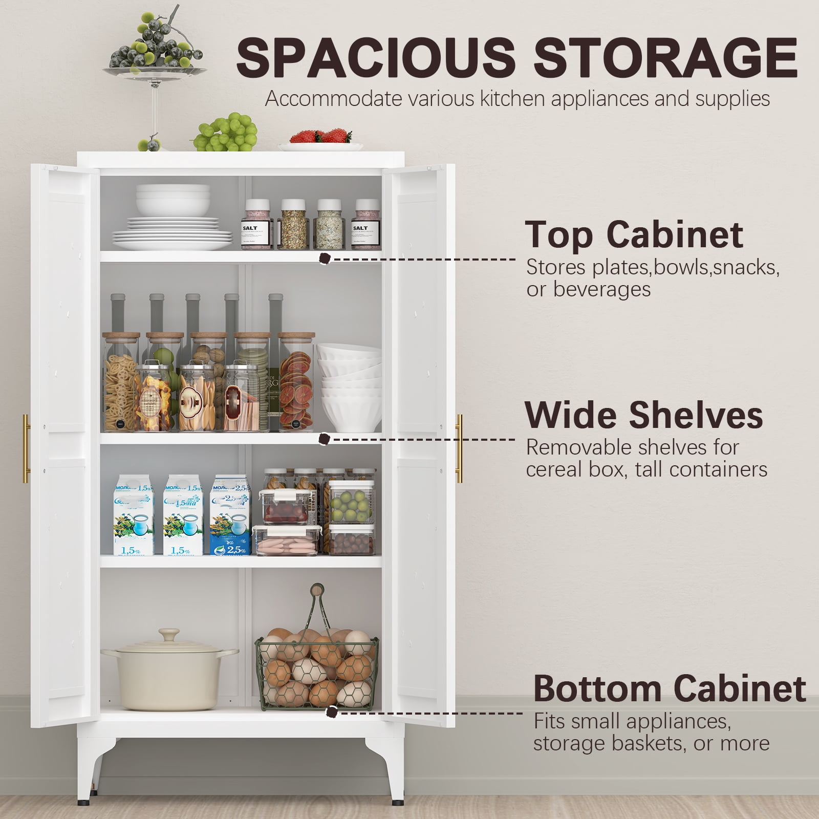 Marcree Metal Kitchen Storage Cabinets ,Cupboard with 3 Adjustable Shelves,Small Pantry Cabinet with Doors,Kitchen Pantry Storage Cabinet for Living,Dining,Bathroom,White