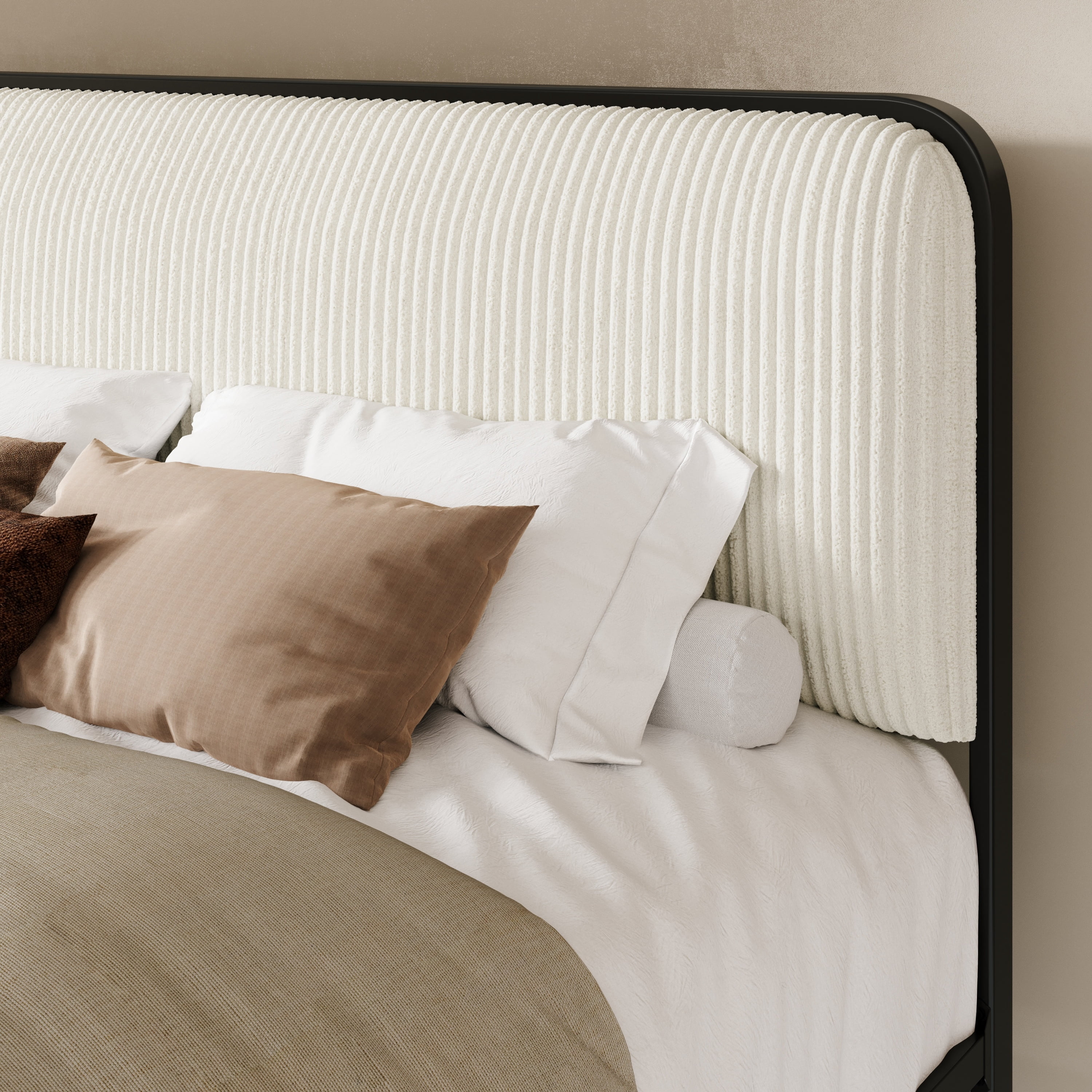 SHA CERLIN Queen Bed Frame, Upholstered Platform Bed with Velvet Curved Headboard and Footboard, No Box Spring Needed, 1000 LBS Capacity, Cream White