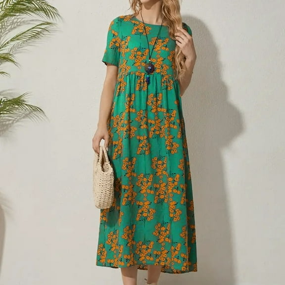 ZHUGeLI Dresses for Women Woman Flowers Printing Elastic Waist Round Neck Short Sleeve Dresses Swing Dress Flowy Tiered Midi Beach Dress with Pockets