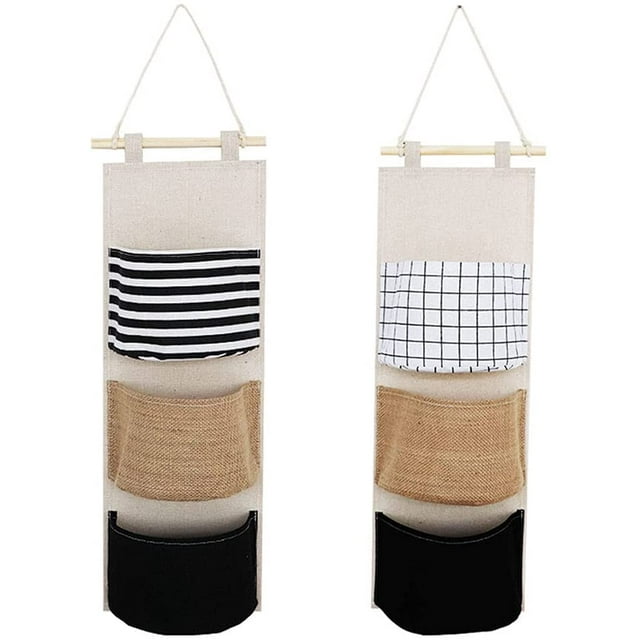 2 Pieces Cotton Linen Storage Bags, Wall Storage Bags, with 3 Pockets, for Blind Remote Control, Glasses, Jewelry, Socks, Charger, Keys