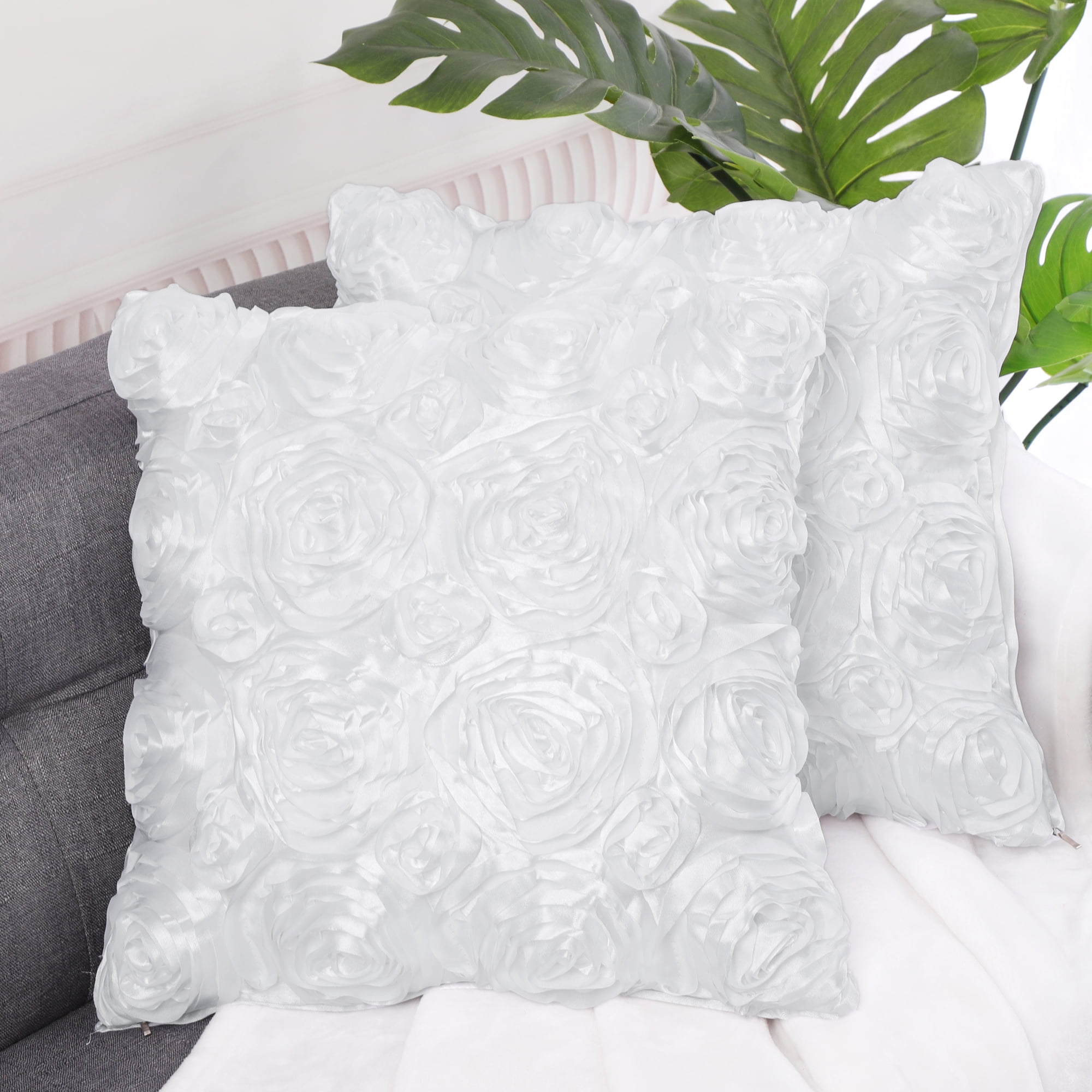 Unique Bargains 2-Pack 3D Flower Decorative Throw Pillow Covers 16" x 16" White