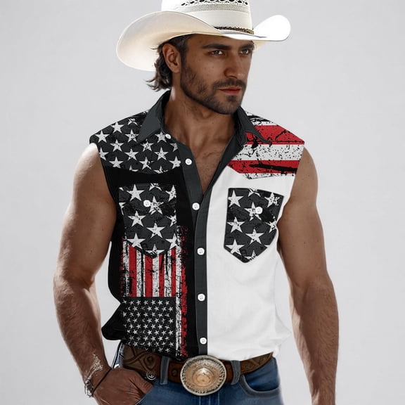 Yaoyar Mens Sleeveless 4th of July Shirts Casual American Flag Stars and Stripes Button Down Patriotic Tank Top with Pockets