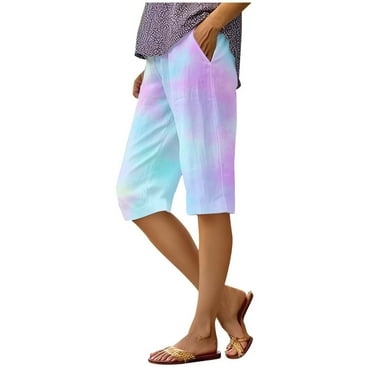 Charmgo Womens Shorts, Linen Shorts for Women Summer Casual Elastic High Waisted Knee Length Shorts Loose Wide Leg Shorts with Pocket, Summer Shorts for Women Blue L