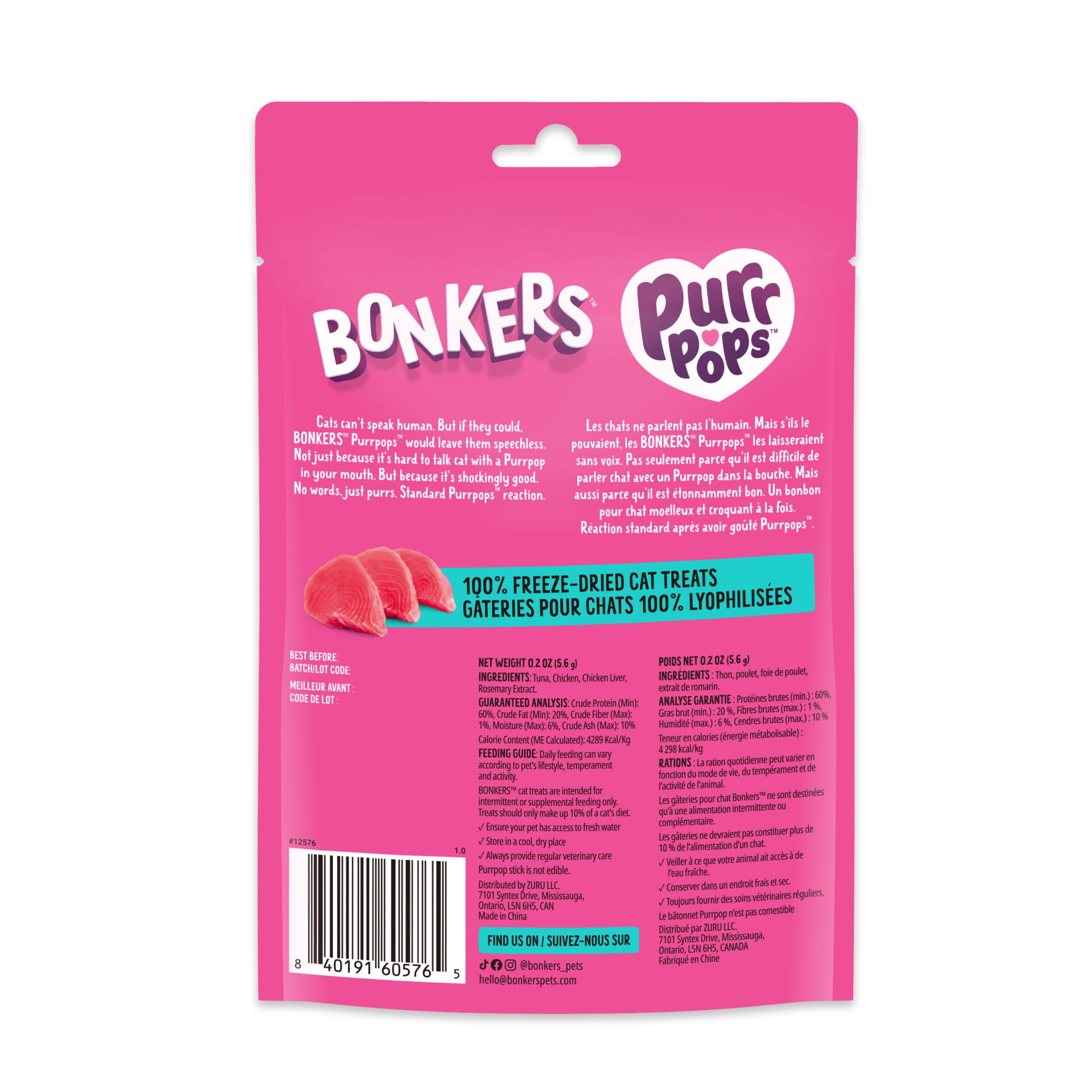 Bonkers Purrpops Freeze-Dried Tuna Flavoured Lollipop Treats for Cats, 24.5g Bag (4 Pack)