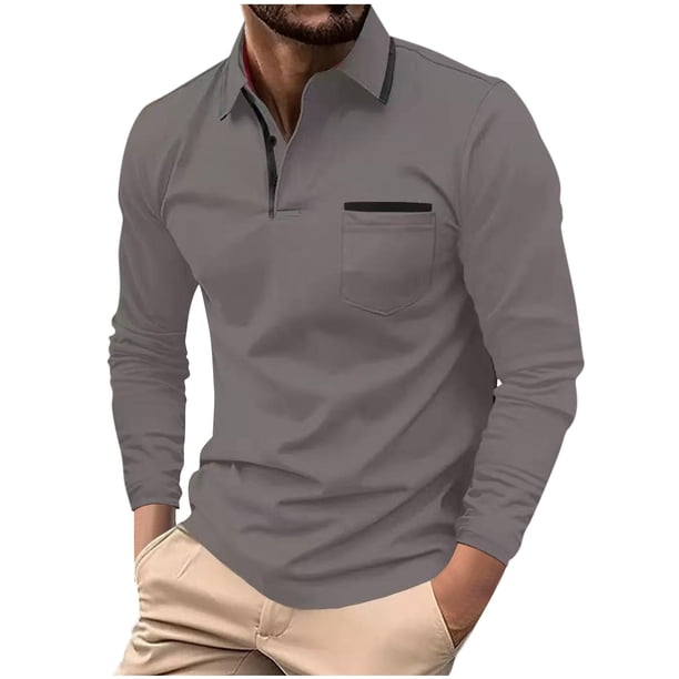 pstuiky camisa de manga larga para hombre, Blusa informal de manga larga con bolsillos y cuello vuelto para hombre Tops casuales para hombres m