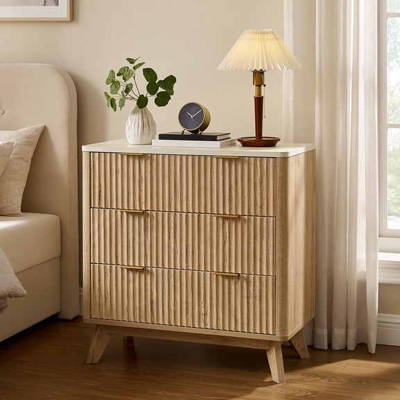 KeyWhat 3 Drawers Dresser for Bedroom, 32" Modern Fluted Nightstand with Faux Marble Top & Curved Profile Design, Wood Storage Cabinet for Living Room, Natural Oak