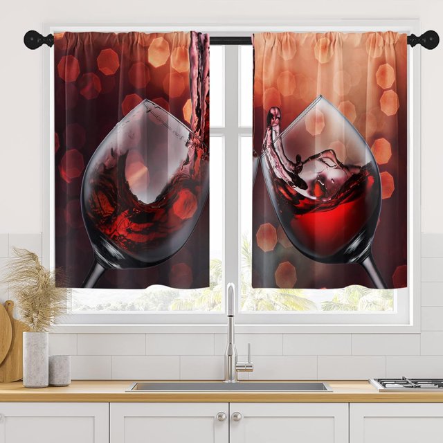 Wine Kitchen Curtains 36 Inch Length Red Window Curtains Over Sink Set of 2, Two Wine Glasses Short Tier Curtain for Kitchen, Romantic Small Kitchen Decor 26x36 Inch