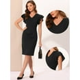 thumbnail image 2 of Unique Bargains Women's Ruffle Sleeve V Neck Ruched Front Work Sheath Bodycon Dresses S Black, 2 of 6