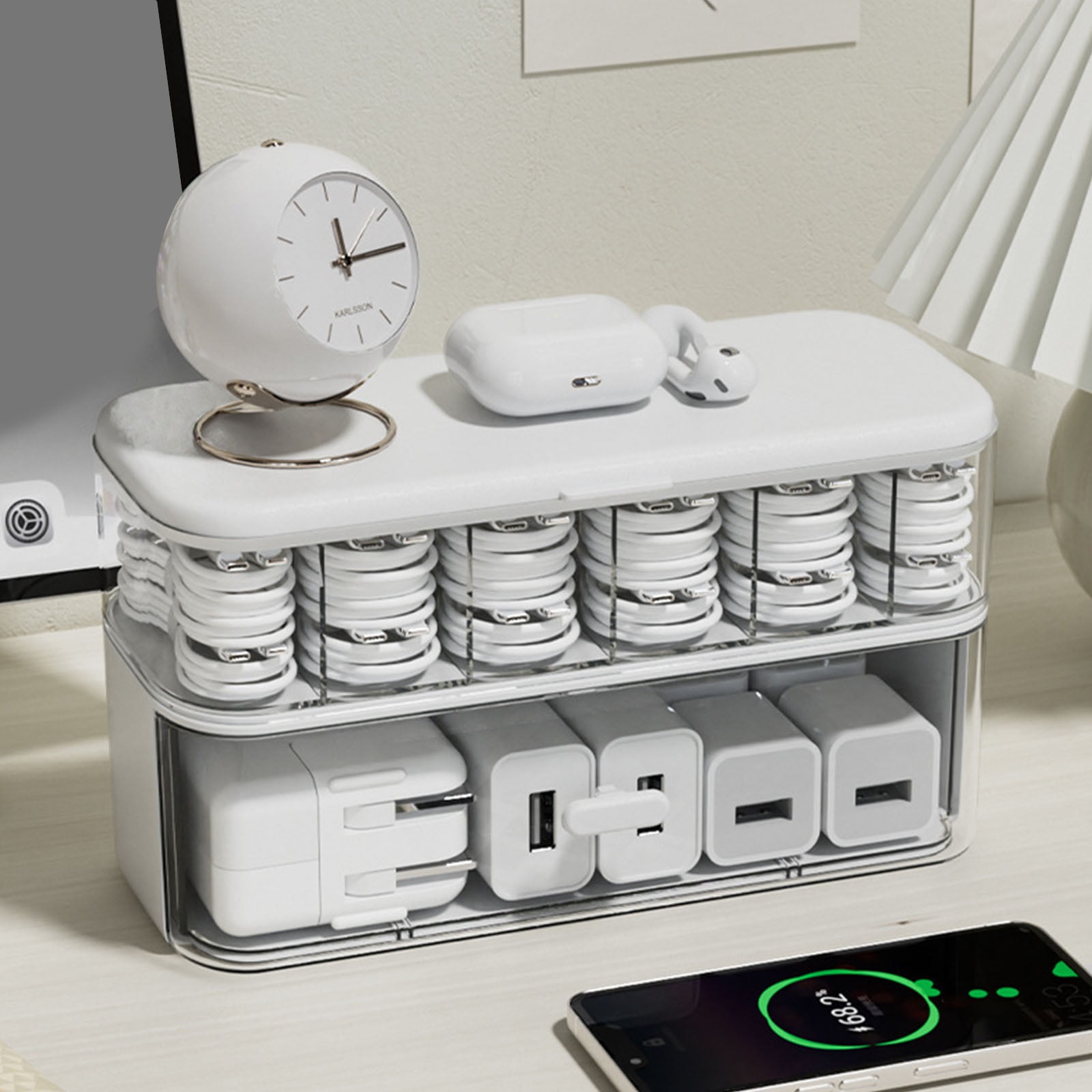 Double Layer Cable Management Box Cord and Chargers Storage Solution Office Desk Organiser with Multiple Section