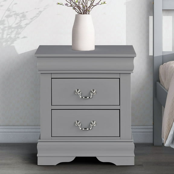 Modern Grey Solid Wood Nightstand with 2 Drawers, Sleek Bedside Table for Bedroom or Living Room