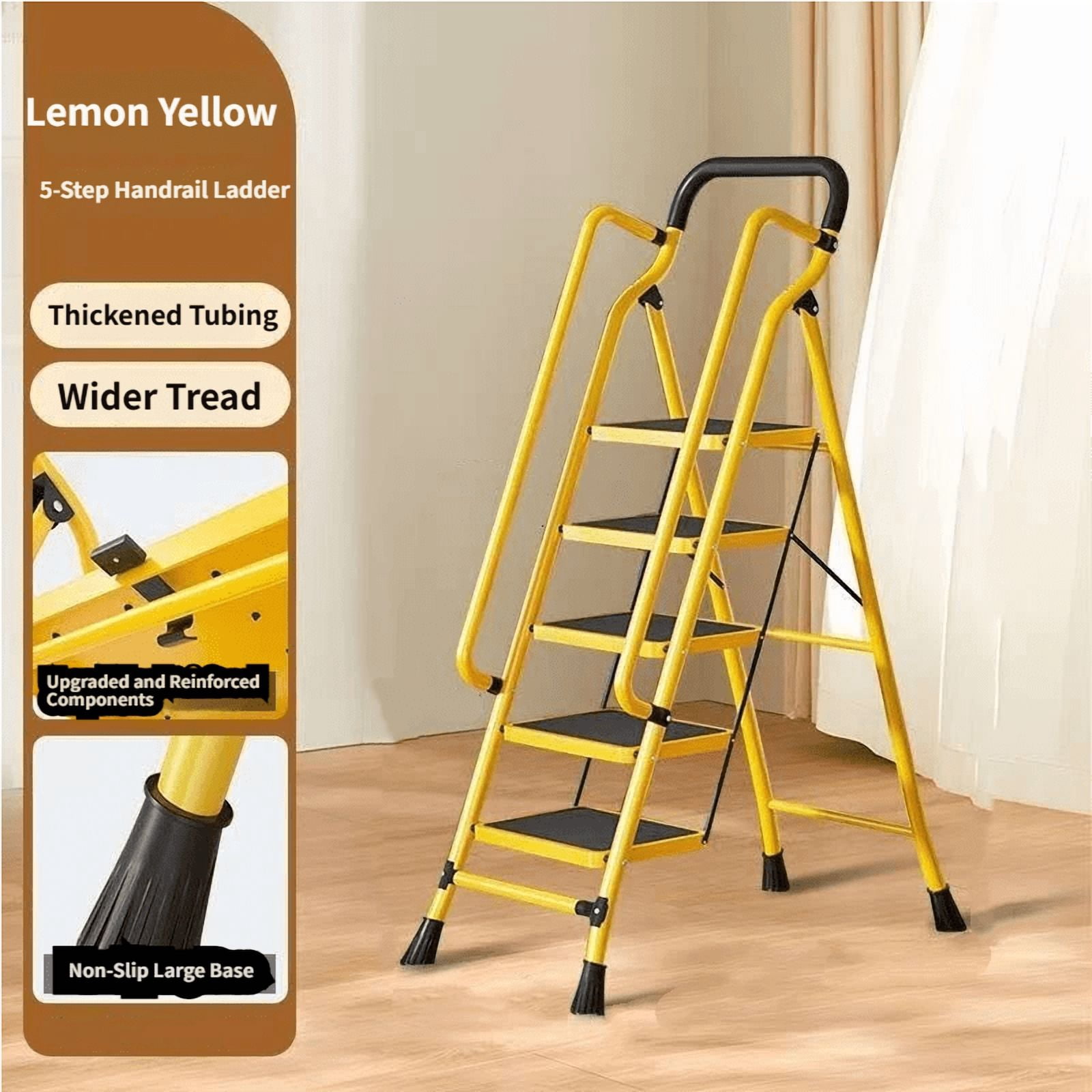 5 Step Ladder with Handrails, Folding Step Stool with Anti-Slip Wide Pedals