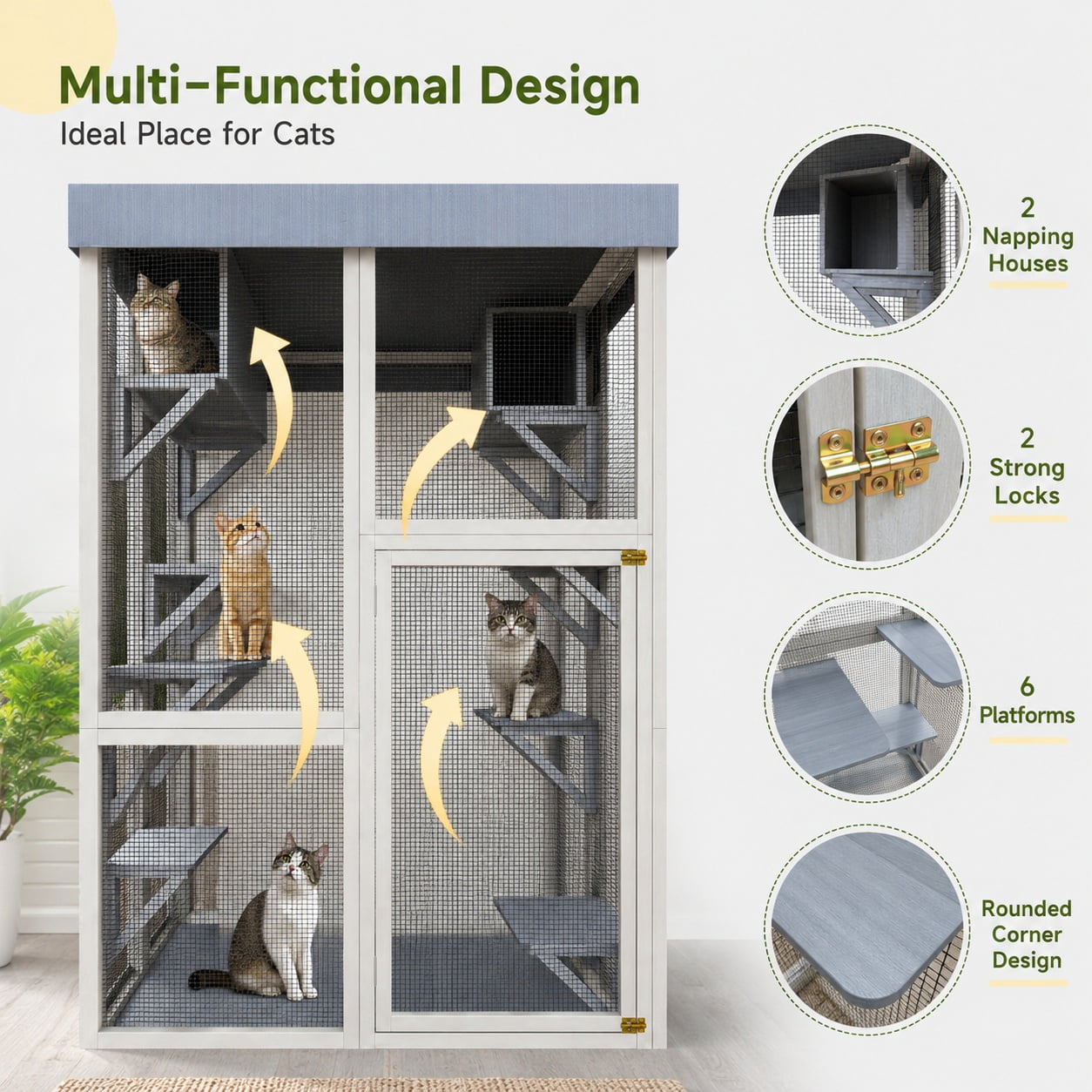 Aukfa 70"H Wooden Outdoor Cat Catio with Waterproof Roof, Large Cat Enclosure for Multiple Cats,Black