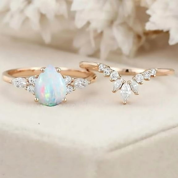 Divine_creation 2.00 Ct Pear Cut Fire Opal Womens Wedding Bridal Ring Set 14K Rose Gold Plated 925 Sterling Silver -5