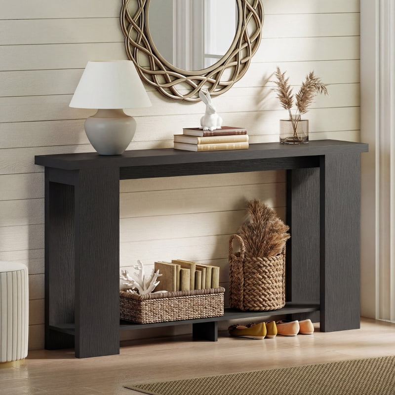 HOQBN Farmhouse Console Table, 63" Narrow Entryway Table with Thickened Tabletop for Living Room, Hallway, Distressed Black