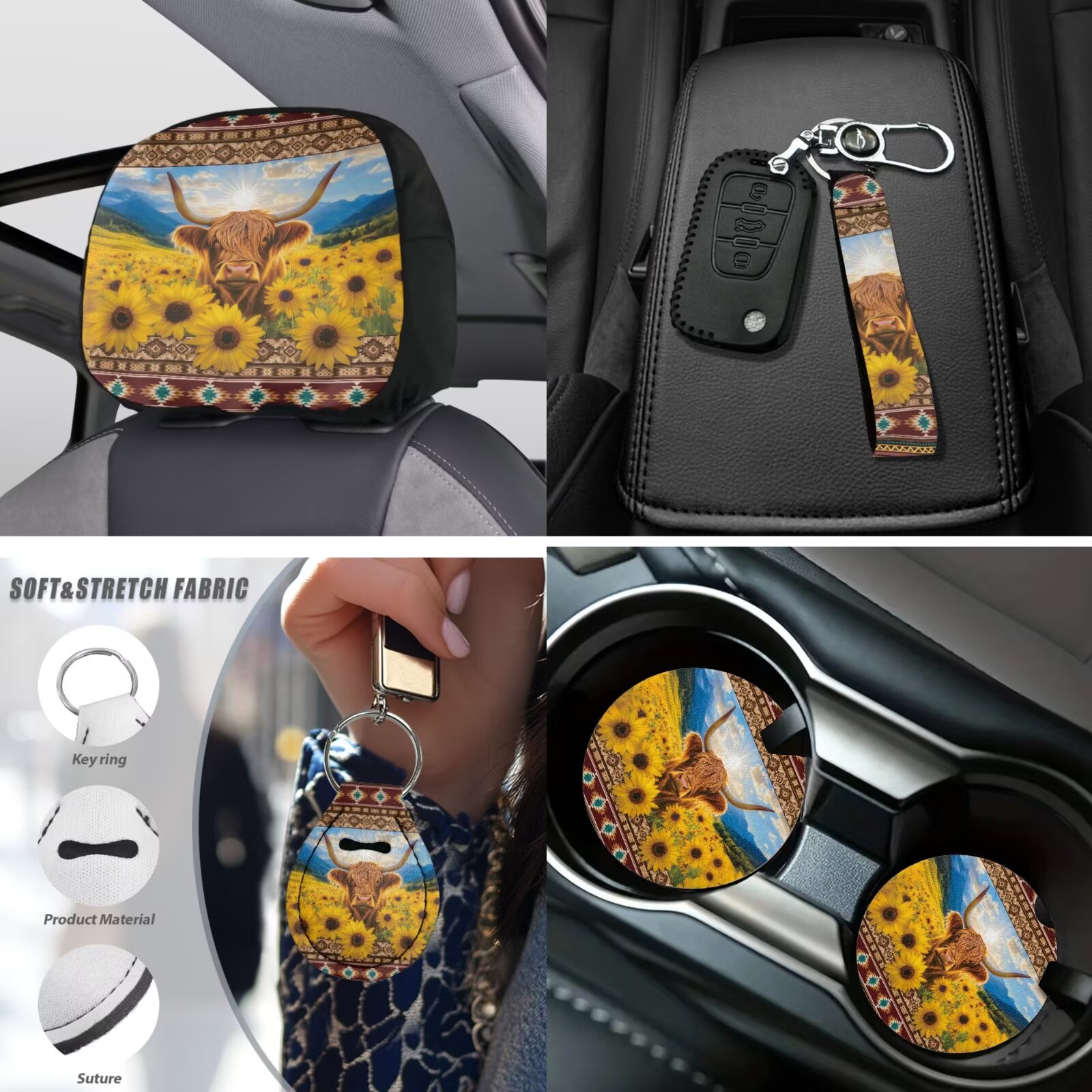 Uorisanigo Aztec Highland Cow 18 Pcs Front & Rear Seat Covers Full Set+Safety Seat Belt Pads+Steering Cover+Auto Armrest Covers+Headrest Cushion+Shift Knob Cover+Handbrake+Coasters+Keychain