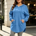 thumbnail image 3 of Women Plus-Size Long Hooded Sweatshirt Drawstring Long Sleeve Curved Hem Hoodie Tops With Kangaroo Pocket Casual Loose Daily Outerwear Blue L, 3 of 6