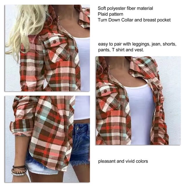 Camisas A Cuadros Para Mujer Blusa A Cuadros Para Mujer Camisa A Cuadros Para Mujer Patrón A Cuadros Casual Bolsillo En El Pecho Colores Vivos De Moda Túnica A Cuadros Para Mujer