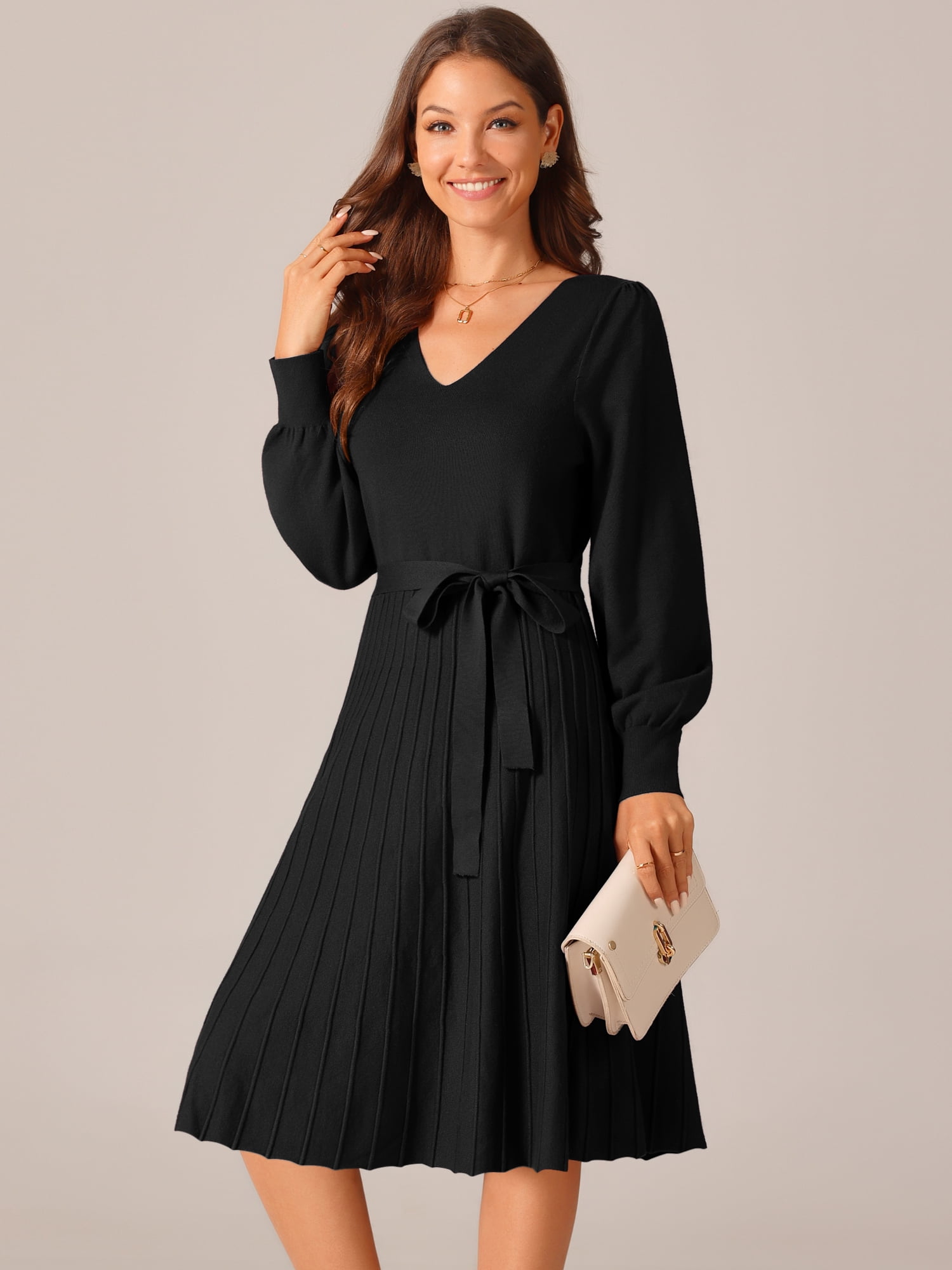 DARING DIVA V Neck Long Sleeve Tie Waist Pleated A-Line Midi Dress L Black