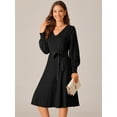 thumbnail image 2 of DARING DIVA V Neck Long Sleeve Tie Waist Pleated A-Line Midi Dress S Black, 2 of 6