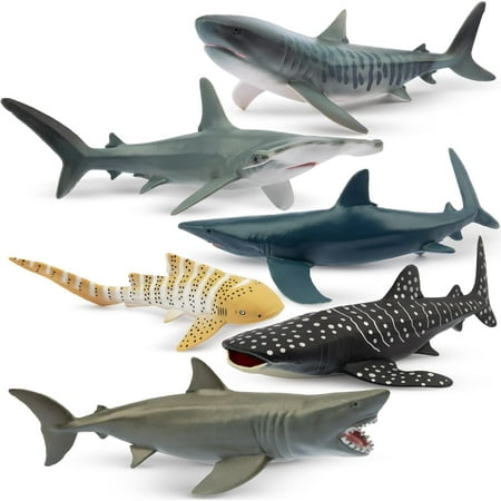 6PCS 5-6" L Realistic Shark Bath Toy Figurines, Plastic Ocean Sea Animals Figures Set Includes Great White Shark Cake Toppers Christmas Birthday Gift for Kids Toddlers