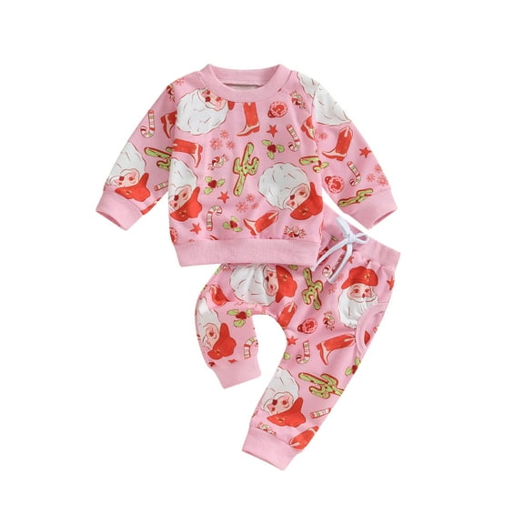 Liacowi 2Pcs Toddler Girls Fall Clothes Baby Christmas Outfits Long Sleeve Santa Wreath Print Sweatshirt Tops   Pants Set 0-3 Years