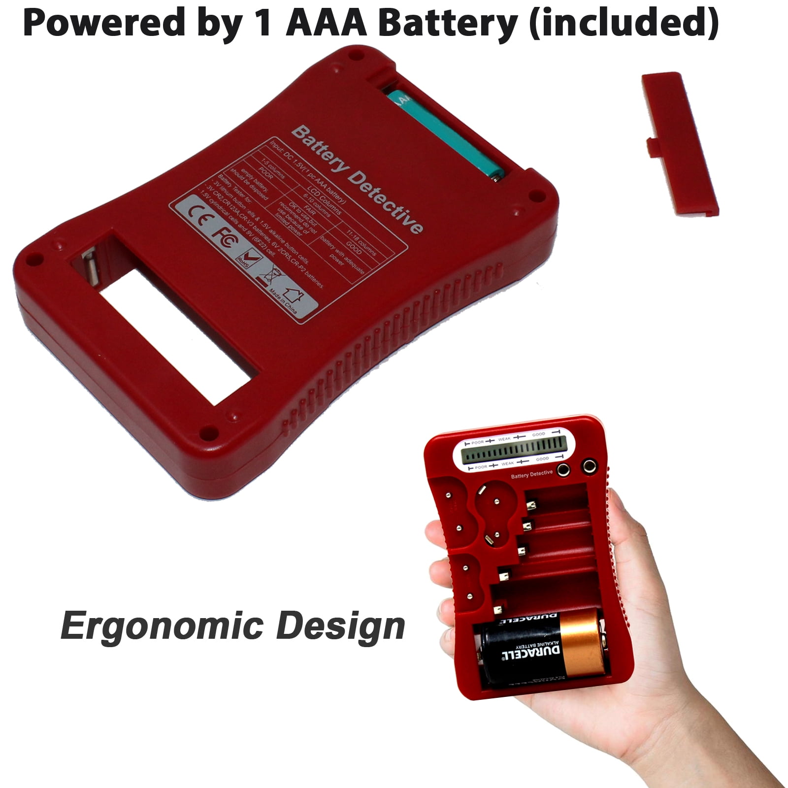 Battery Detective 12 Type Battery Tester (Red) with LCD Display for Household Batteries AA AAA C D 9V CR2032 CR123A N/LR1 CR2 CR-V3 2CR5 CR-P2 1.5V/3V Button Cell Batteries + AAA Batteries (36-Pack)