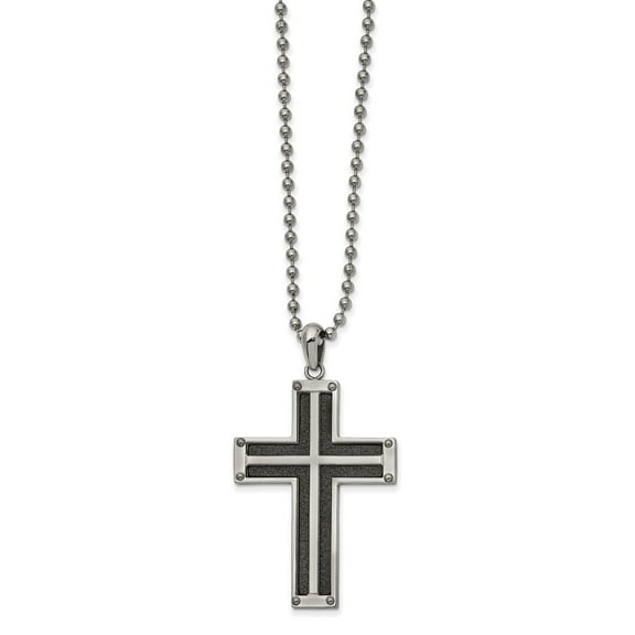 Auriga Fine Jewelry Stainless Steel Polished Black IP-plated Laser Cut Cross Pendant on Ball Chain Necklace for Men 22"