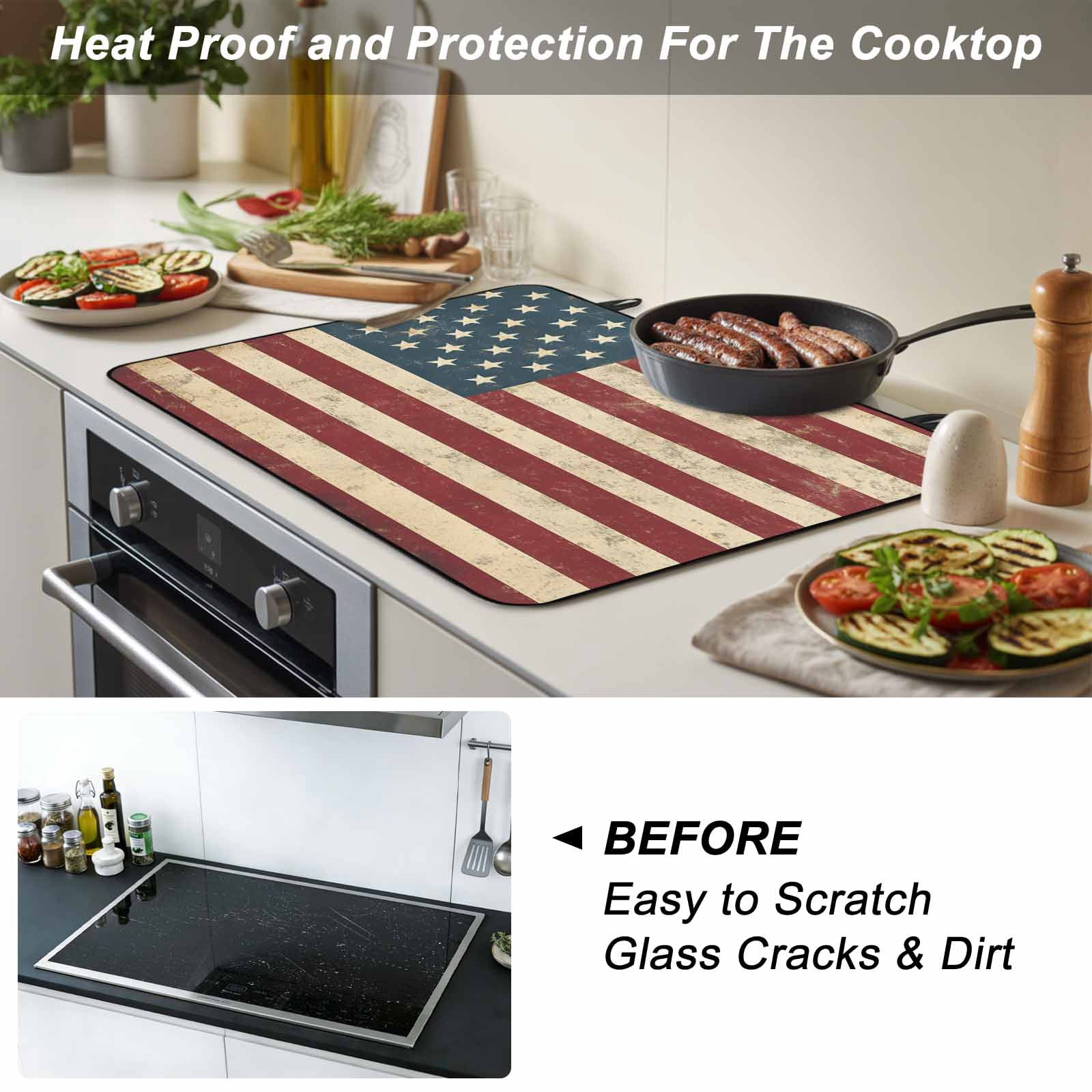 Retro Red Blue American Flag Stove Top Cover for Electric Stove, Heat-proof & Non Slip Glass Top Stove Cover Protector, US Flag Vintage Stars Kitchen Flat Cooktop Rubber Mat 24x21 Inches