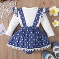 thumbnail image 4 of NZRVAWS Baby Girls Outfit Long Sleeve Letter Print Ruffle Sleeve Romper Top +Wave Point Print Bow Straps Suspender Skirts 2Pcs Clothes Set 3-6 Months,White, 4 of 7