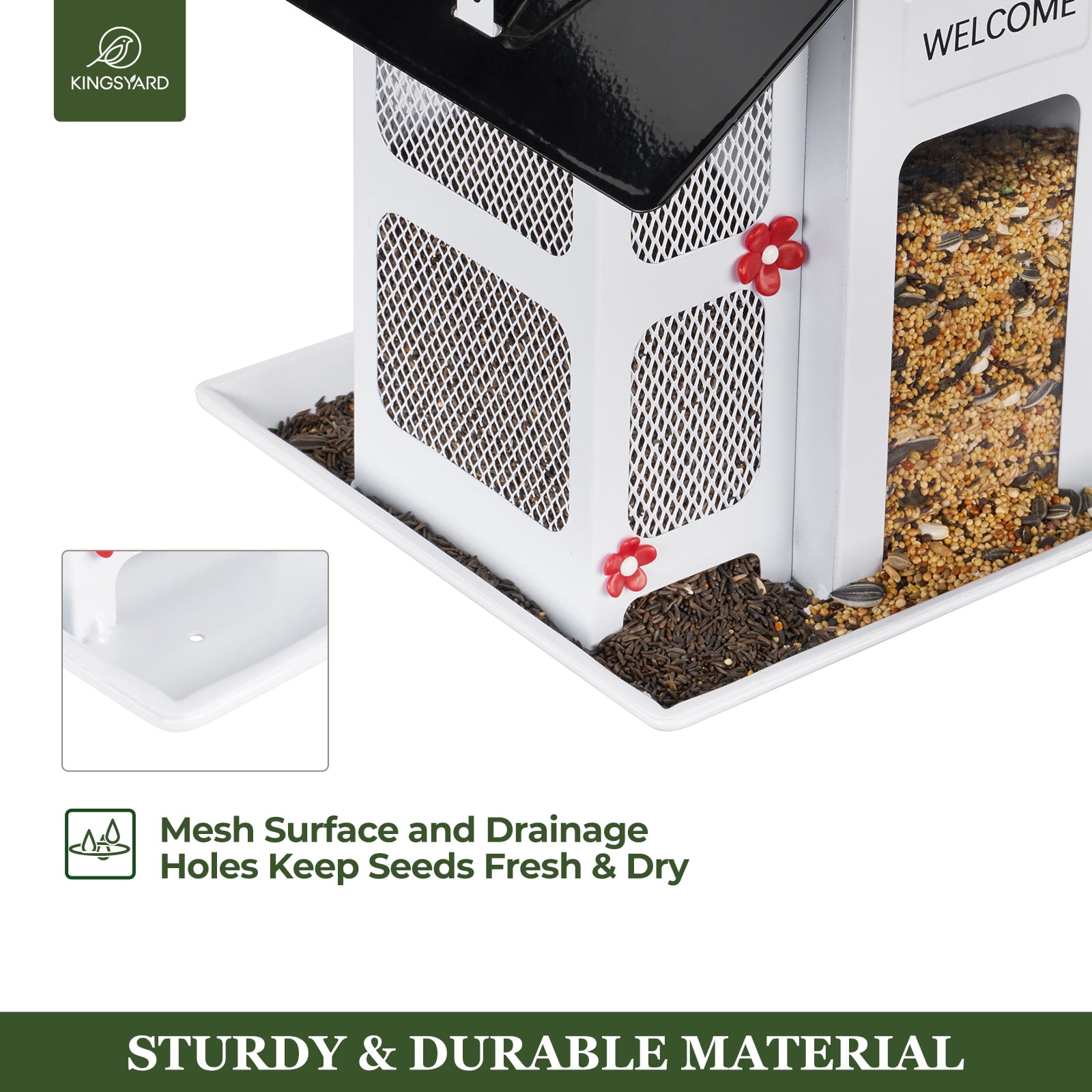 Kingsyard Metal Bird Feeder House for Outdoors Hanging, Triple Feeders for Finch Cardinal, White