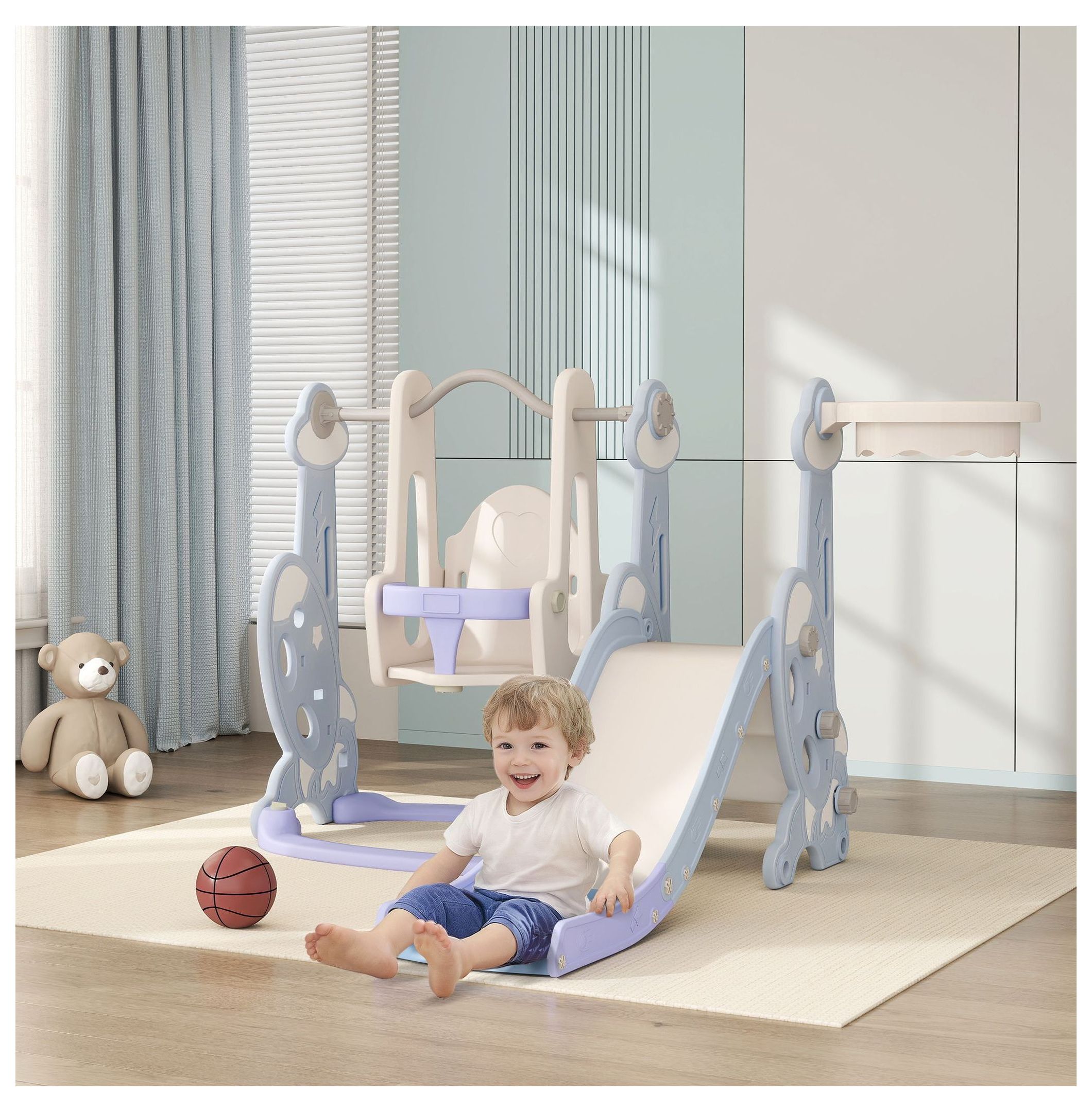 Toddler 4-in-1 Swing Set & Slide - Indoor Playground for 1.5-4 Year Olds - Light Blue - Rocket Design with Climber & Basketball Hoop