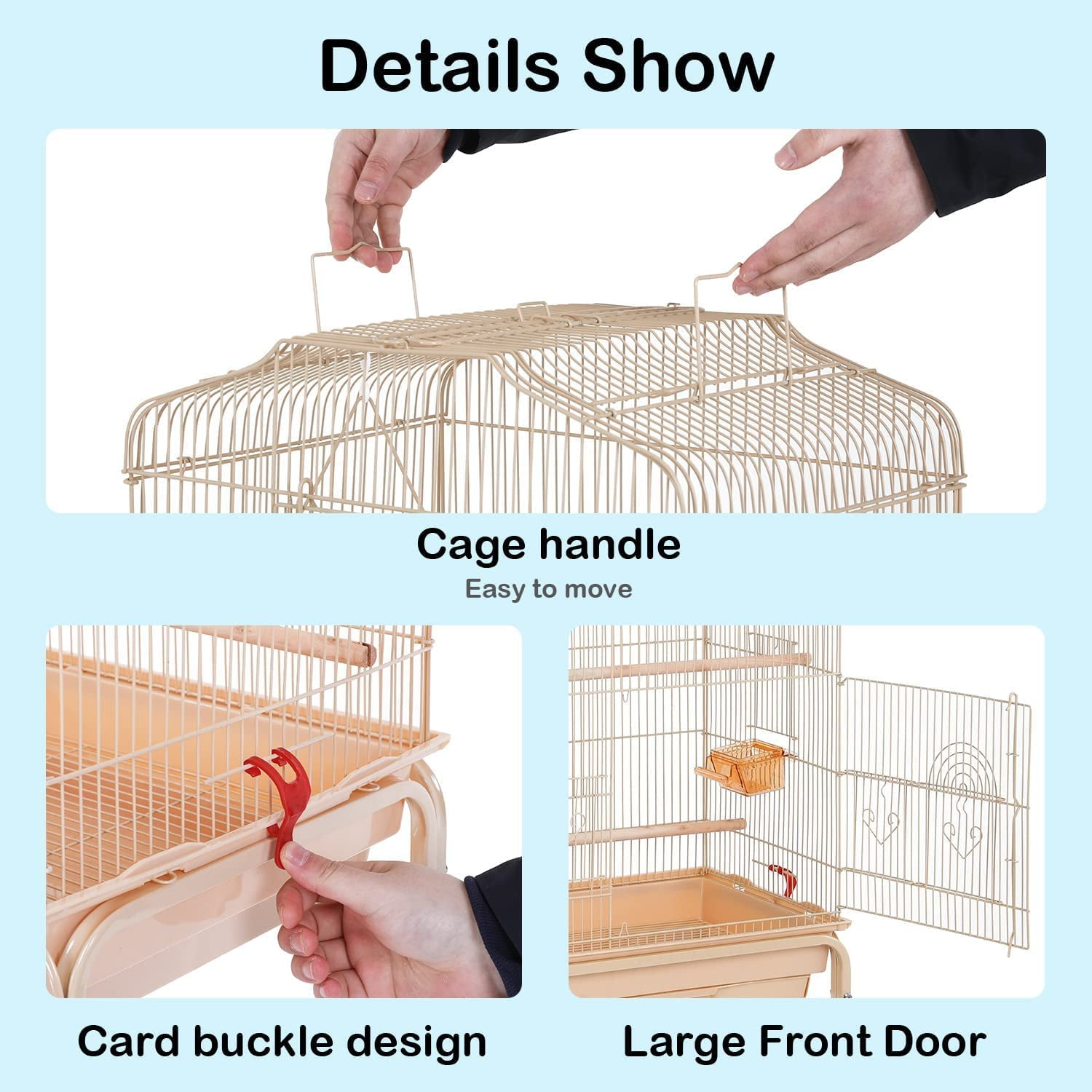 NiamVelo 64-inch Metal Bird Cage with Rolling Stand & Bottom Tray, Pet Storage Shelf Parrot Cage with Open Play Top for Lovebirds & Parakeets, Almond