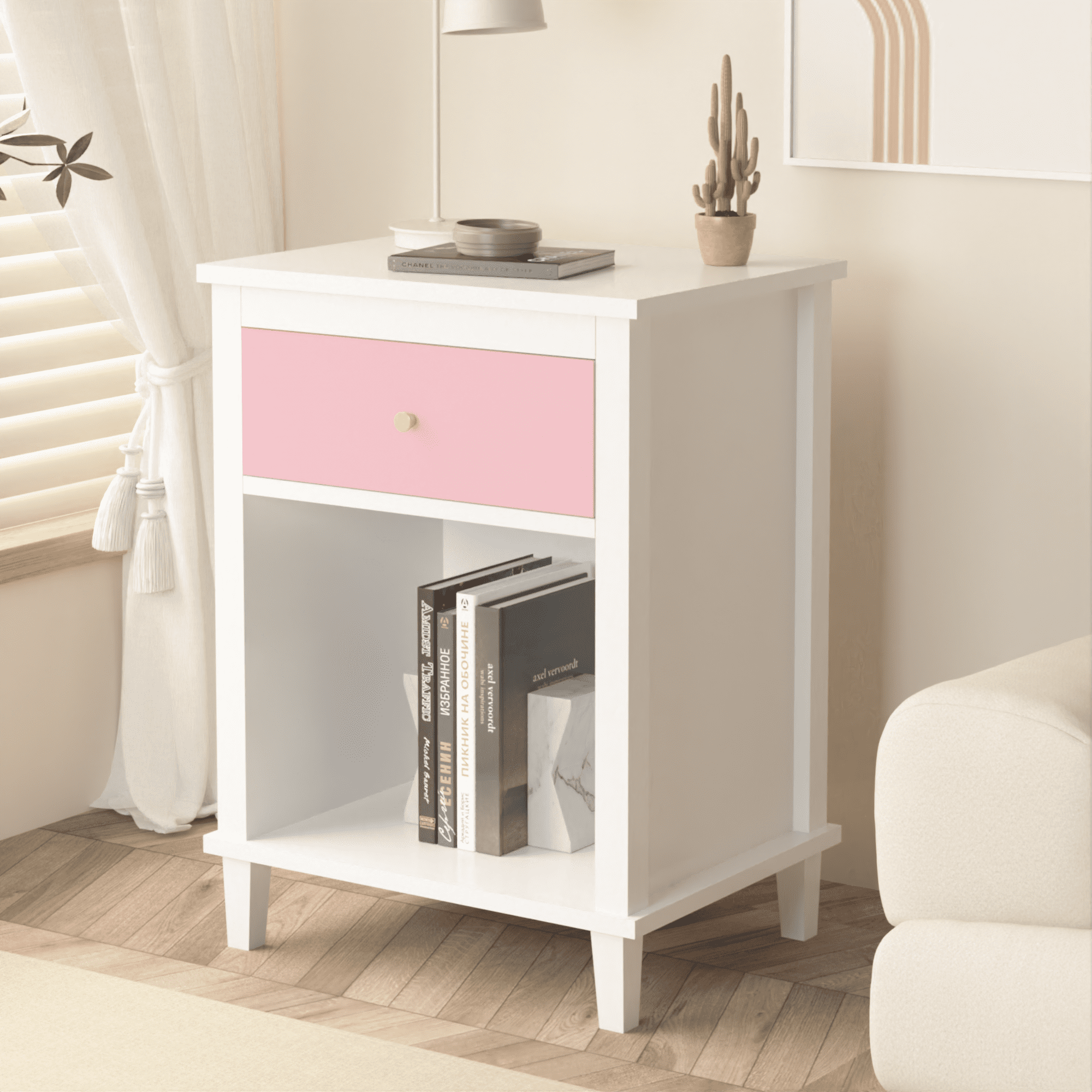 26.77''H Wooden Nightstand with One Drawer One Shelf for Kids, Adults, Pink+Golden handle