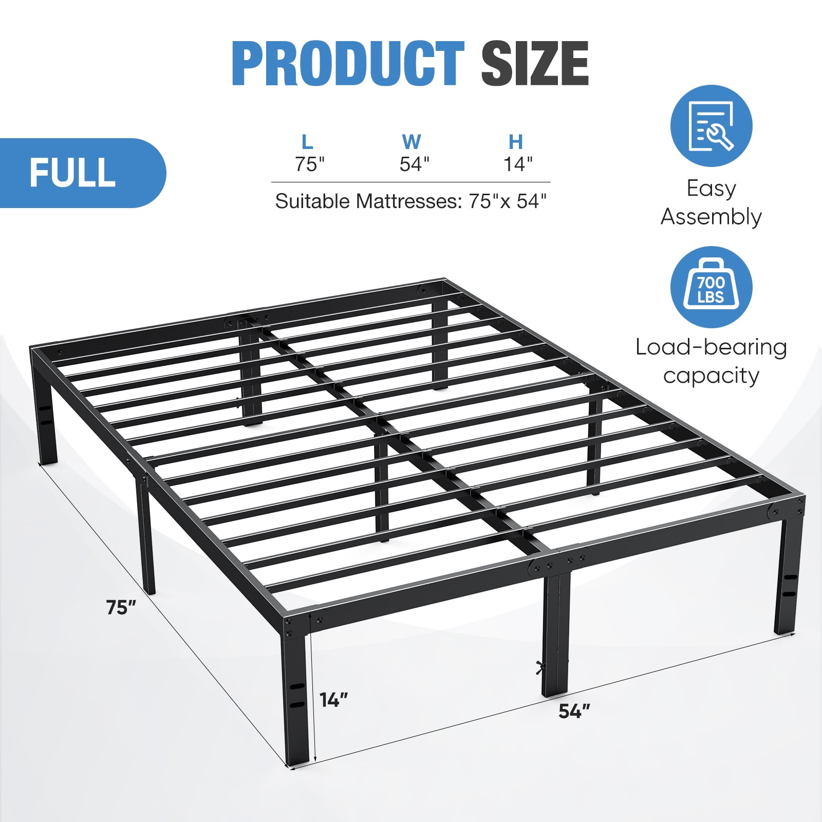 CONCETTA 14" Full Bed Frame, Heavy Duty Metal Platform Bed Frame with Underbed Storage for Bedroom, No Box Spring Required, Black