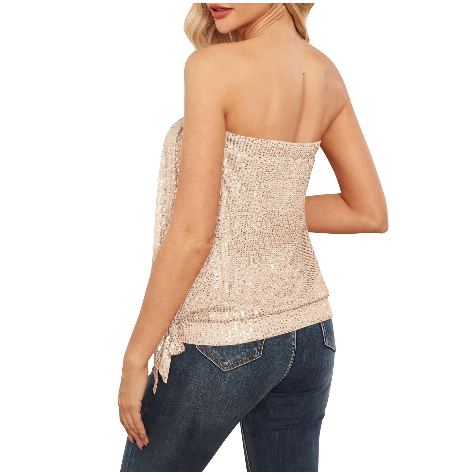 Strapless Sequin Tops for Women Side Tie Knot Loose Fit Sparkly Tube Top  Party Clubwear Fashion Blouses (XX-Large, Beige) - Walmart Business Supplies