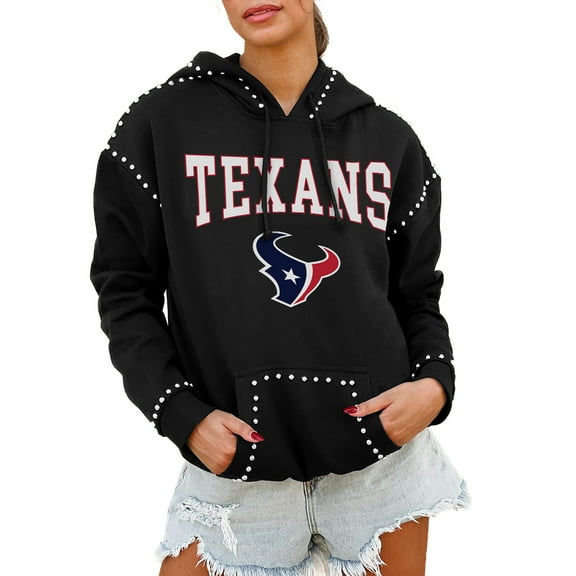 Women's Gameday Couture Black Houston Texans Oversized Catch the Vibe Studded Pullover Hoodie