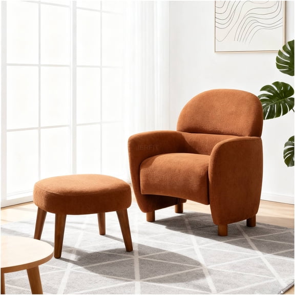 JERFIT Modern Fabric Accent Chair with Ottoman, Orange Upholstered Lounge Chair with Footrest for Living Room, Bedroom, Reading Nook, Small Space