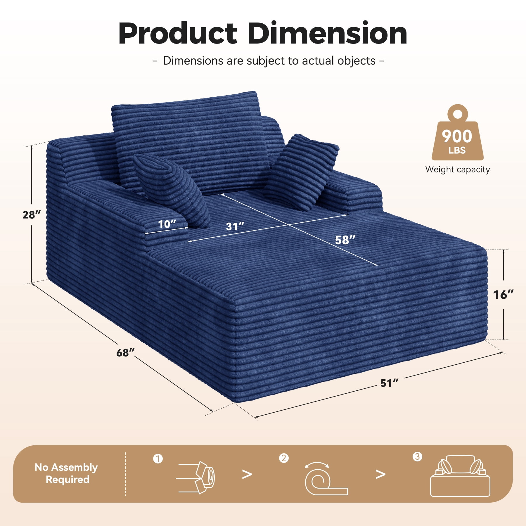 MOONMISS 68" Oversize Chaise Lounge Chair Indoor,Comfy Non-assembly Sofa Couches With 3 Pillows,Blue