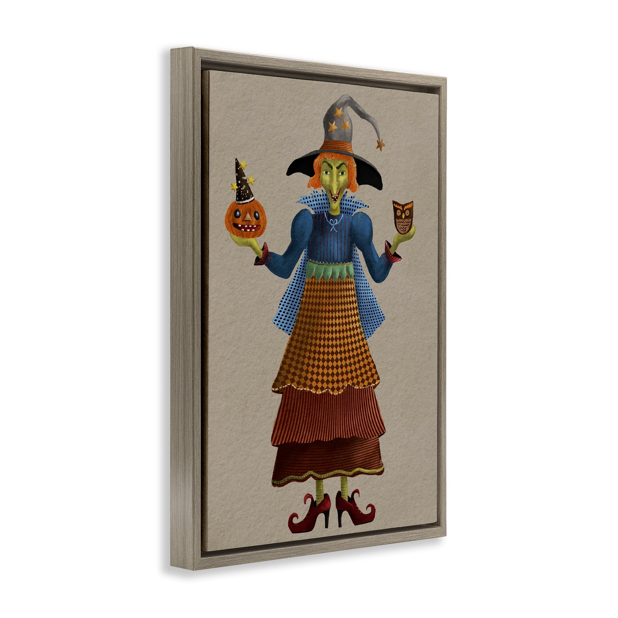 Stupell Industries Halloween Witch in Plaid Holiday Painting Brown Floater Framed Art Print Wall Art, 21 x 31