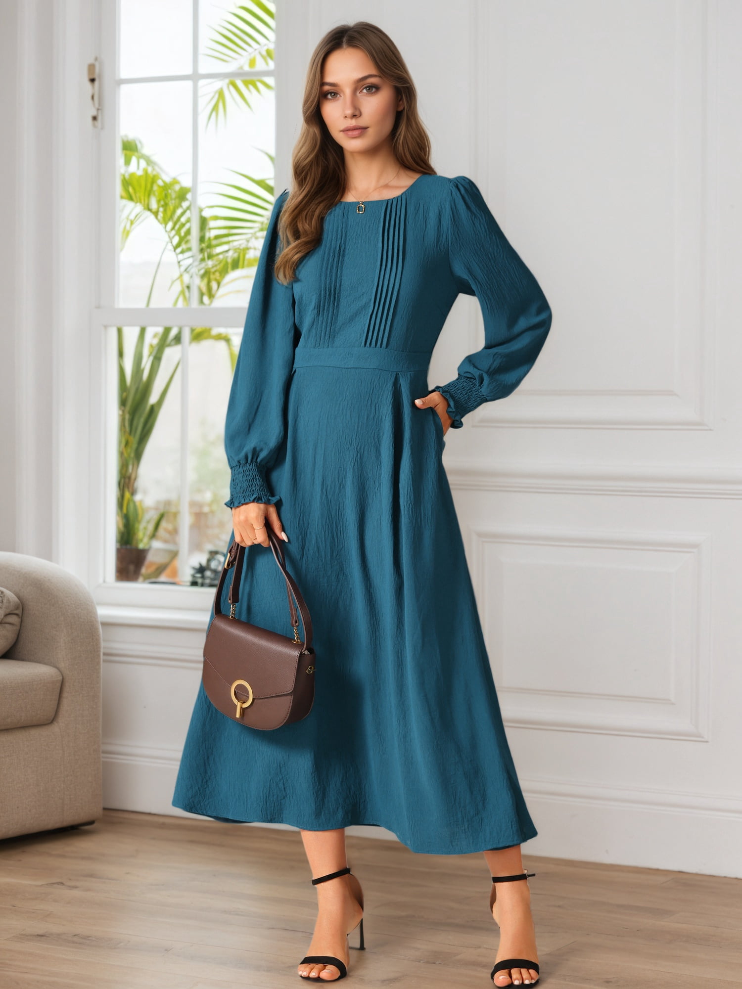 DARING DIVA Frilled Crewneck Long Sleeve Midi Fall Dress M Peacock Blue