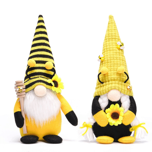 2-Pcs Bumble Bee Gnome Plush Decor, Sunflower Swedish Tomte, Fabric Home Decor Set, for Farmhouse Kitchen Tiered Tray