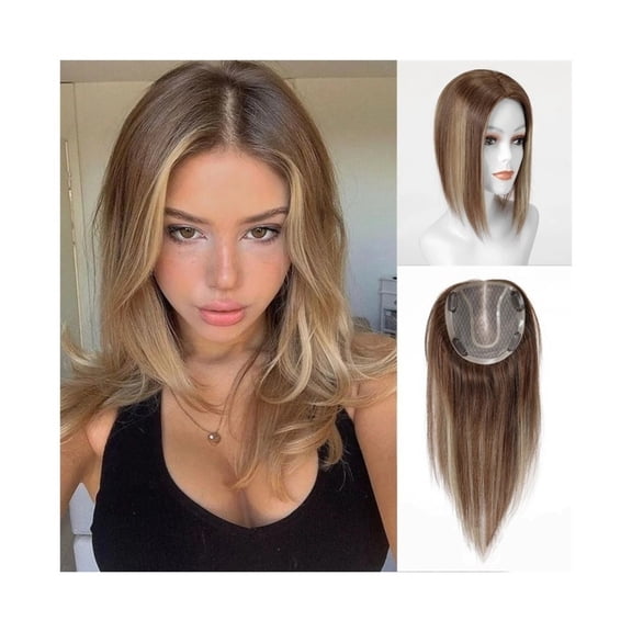 Highlight Hair Topper Real Human Hair 12*13cm Hand-Tied Mono Base Toppers for Women Brown Mixed Blonde Free Part Clip in Straight Remy Hair Pieces