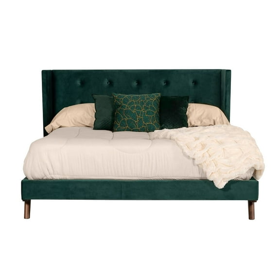 Dury King Size Platform Bed, Green Velvet Upholstery, Tufted Wingback