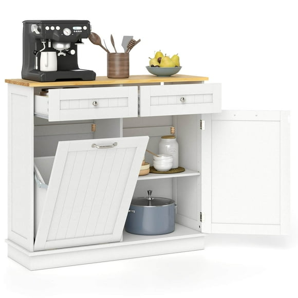 Costway 15.5 Gallon Kitchen Tilt Out Trash Cabinet Rubber Wood Tabletop 2 Drawers