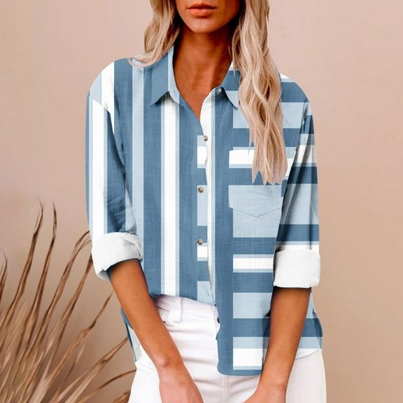 Qepwscx Womens Long Sleeve Button Up Shirts Tops for Women V Neck Stripe Print Casual Blouses Going Out Tops Graphic Tees Spring Fall Top Basic Loose Fits Business Oversized Tshirts for Women S-5X